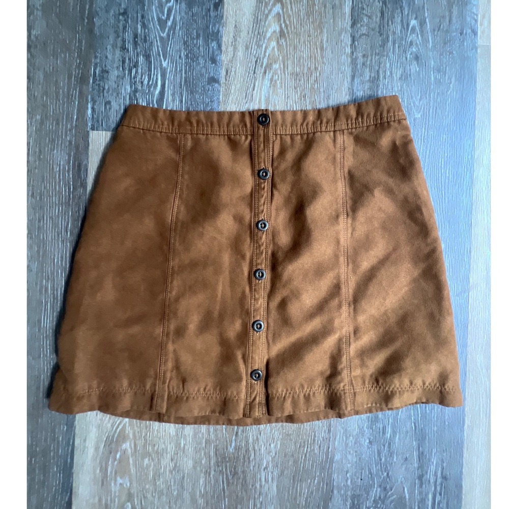 Hollister Mini Skirt size 7 Brown Excellent Button‎ Front Faux Suede A-Line
